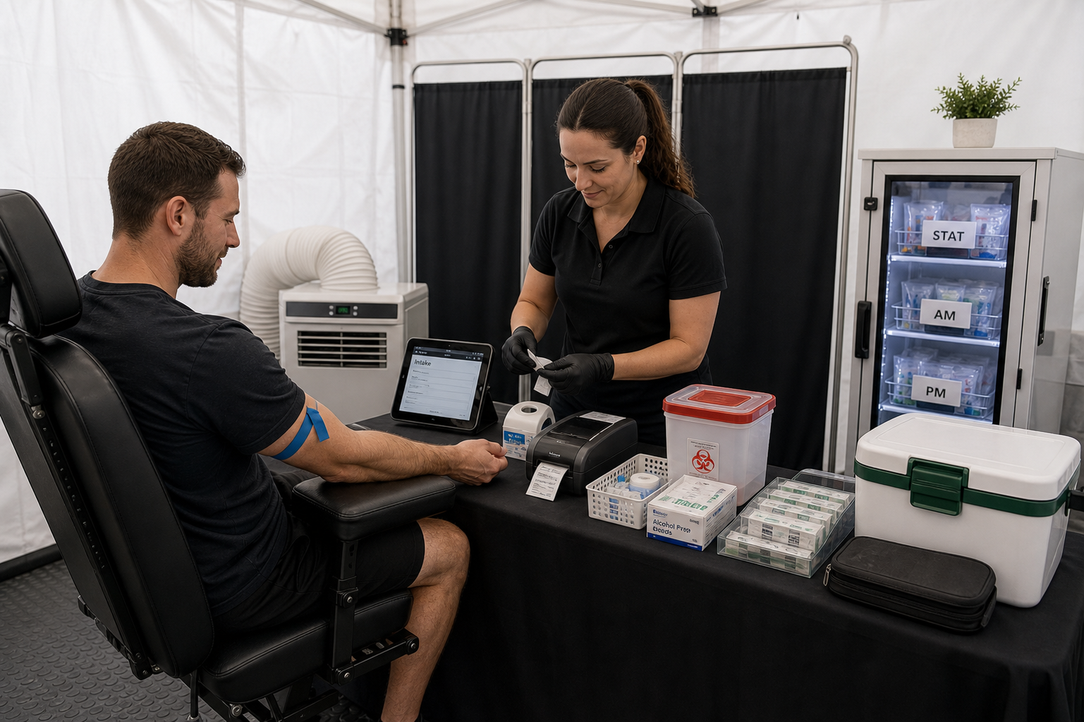 Private host-site bloodwork collection station with phlebotomy chair, labeling, sharps handling, and cold transport