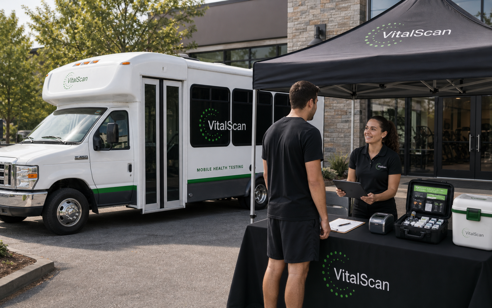 VitalScan check-in table at a host testing day with tablet intake, labels, and organized supplies