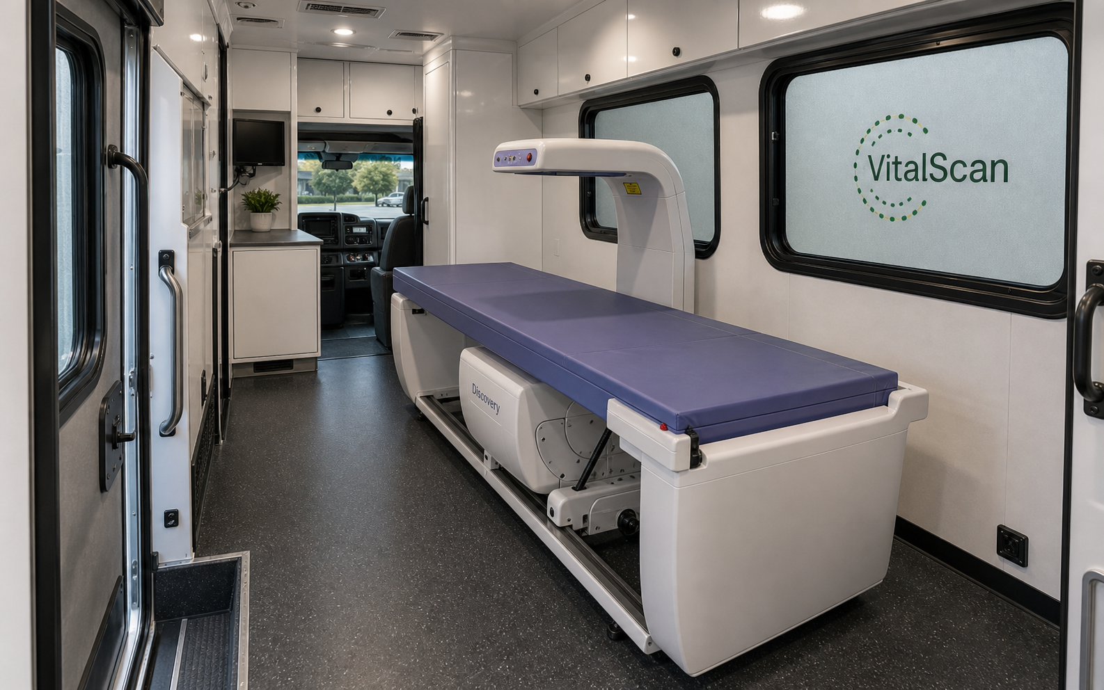 Hologic Discovery-style DEXA scanner inside a Ford Starcraft cutaway mobile diagnostics vehicle
