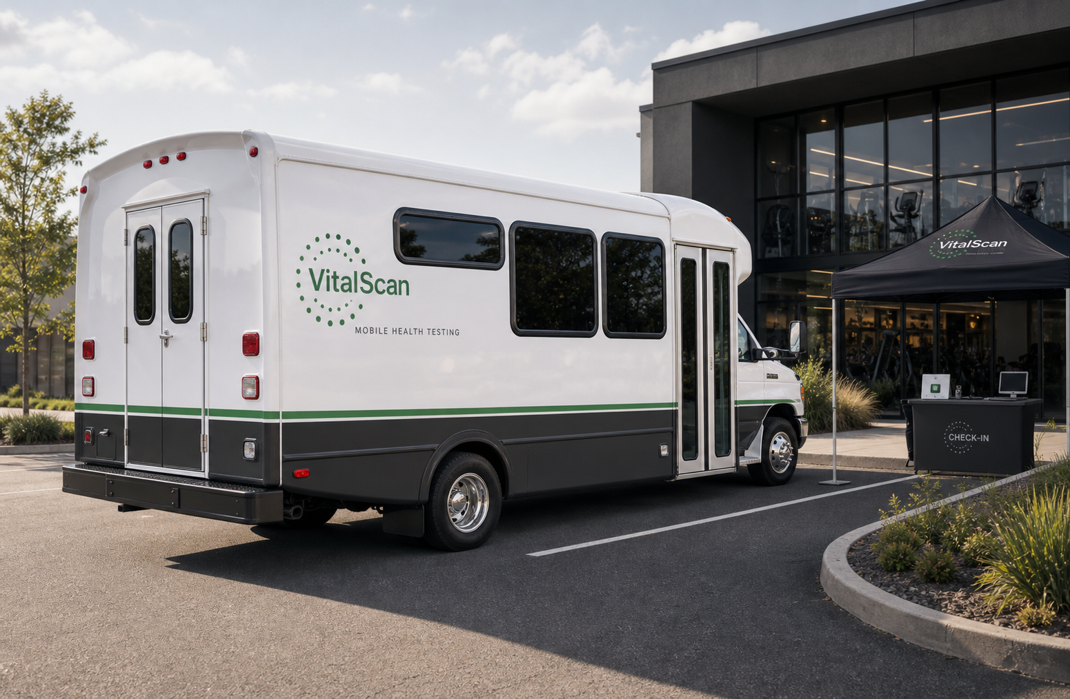 VitalScan mobile diagnostics vehicle staged outside a wellness location for a hosted testing day